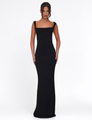 Black asymmetric-neckline maxi dress, front view on model