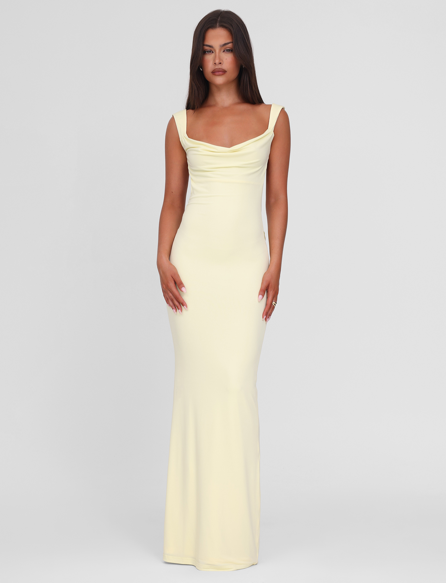Lemon yellow maxi dress with sweetheart neckline, front view on model