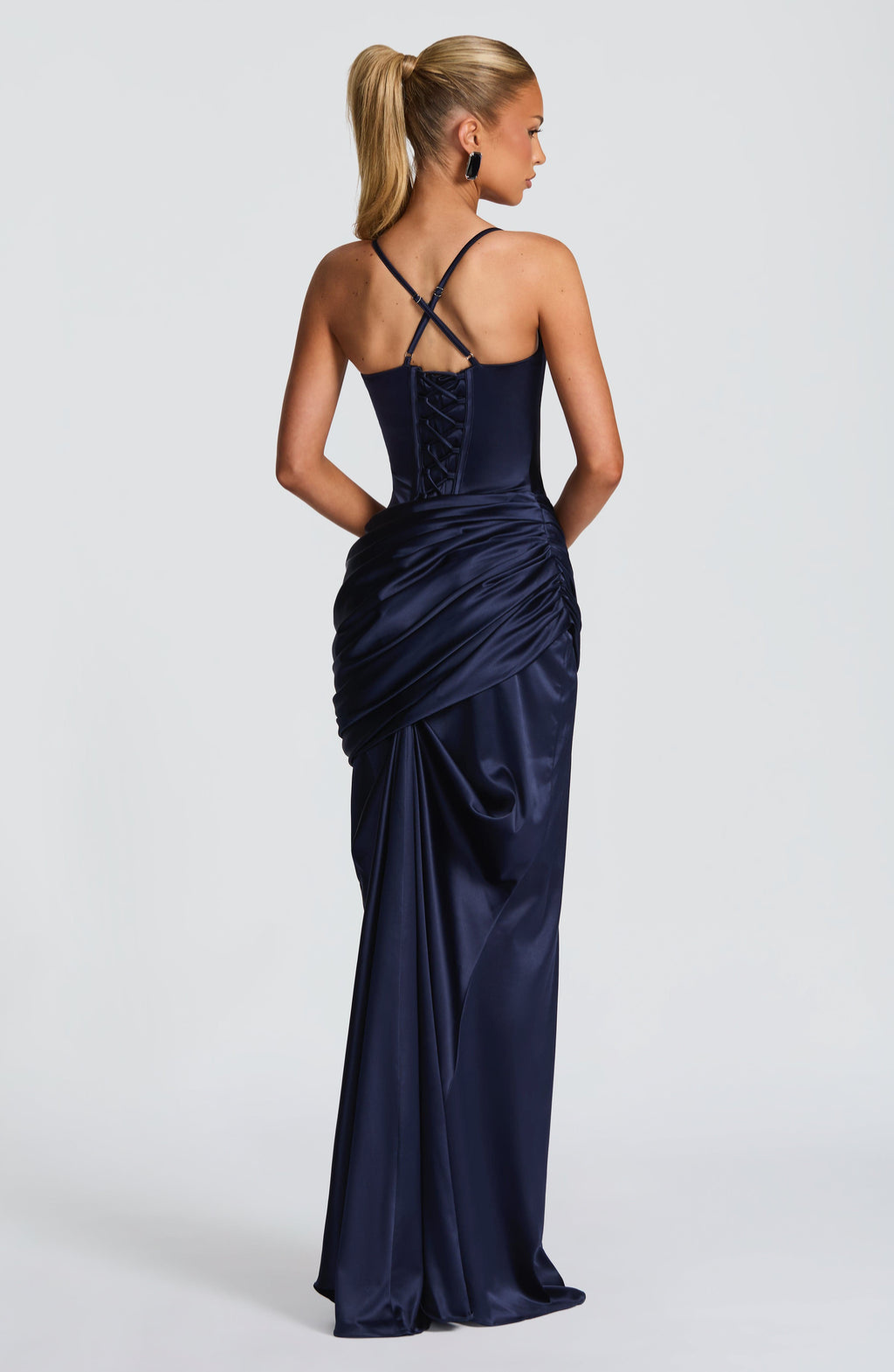 Navy satin gown, close-up of the criss-cross lace-up back