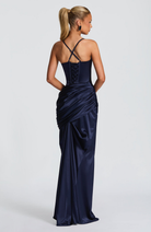 Navy satin gown, close-up of the criss-cross lace-up back