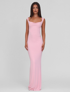 Baby pink asymmetric-neckline maxi dress, front view on model