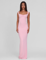 Baby pink asymmetric-neckline maxi dress, front view on model