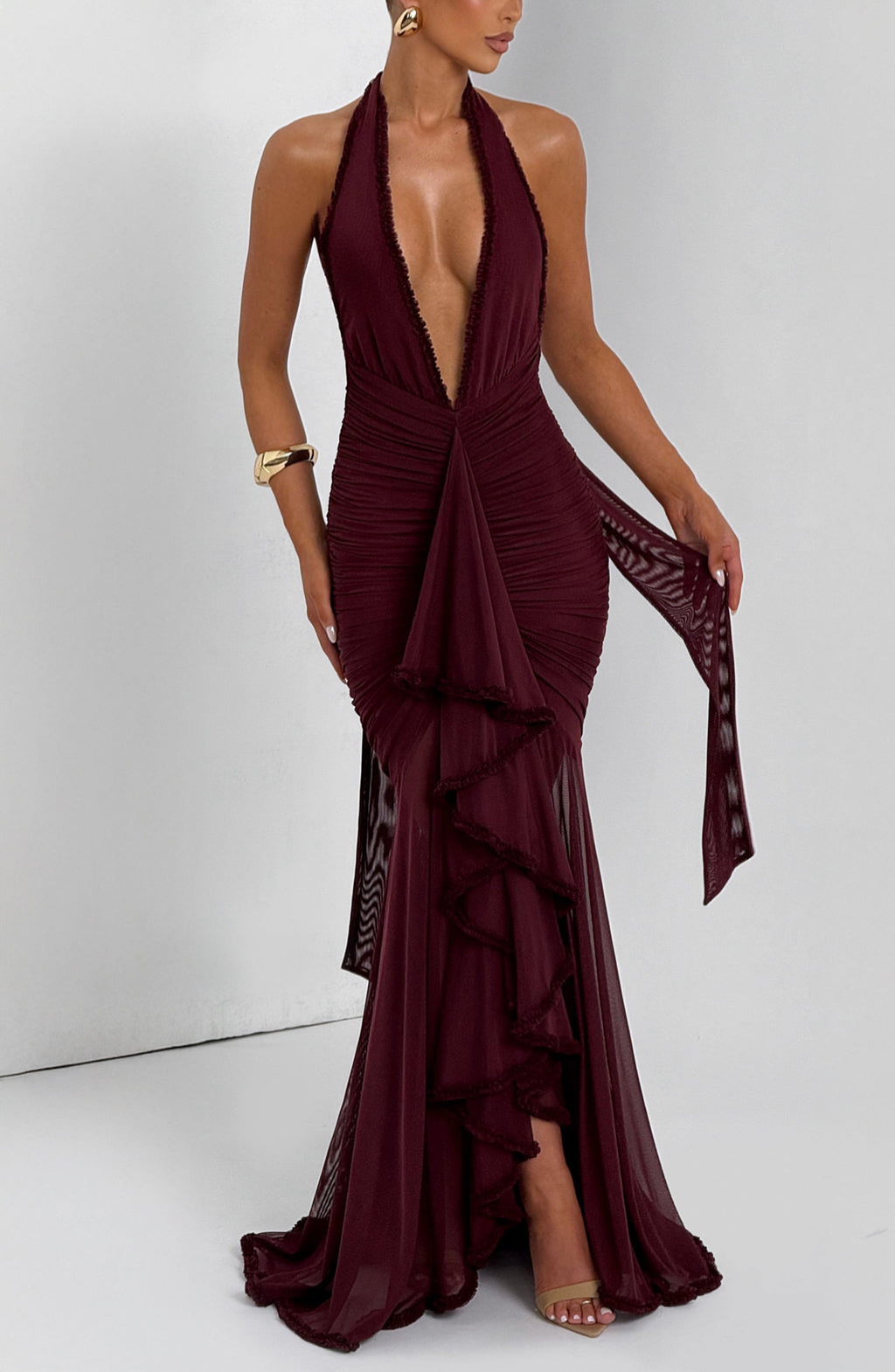 Cherry red mesh halter maxi dress, close-up front view on model