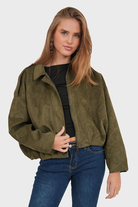 Olive green suede bomber jacket, close-up front view on model
