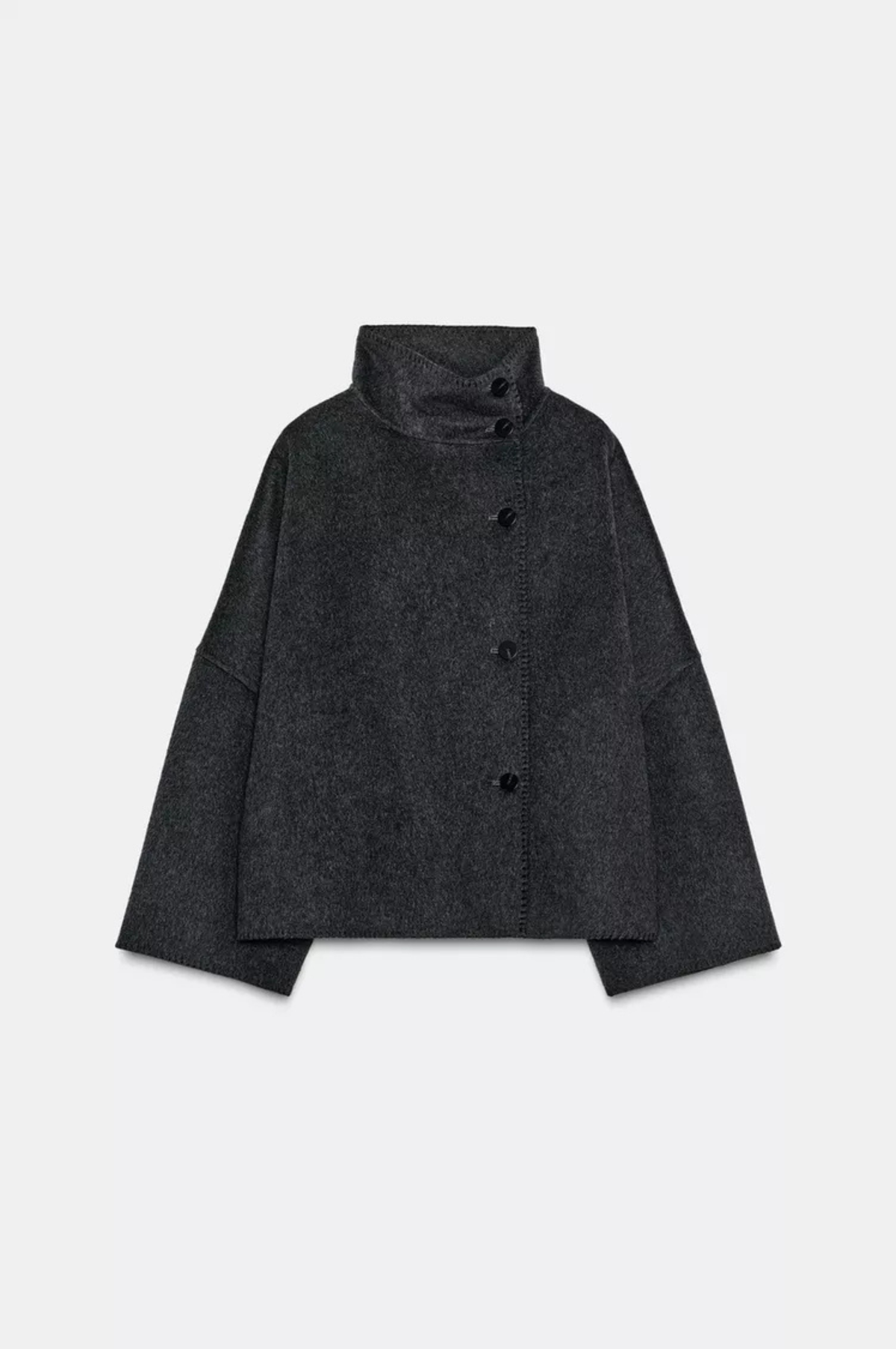 Dark grey cropped wool jacket, buttoned front, flat lay