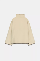 Cream wool jacket with contrast stitch edging, back flat lay