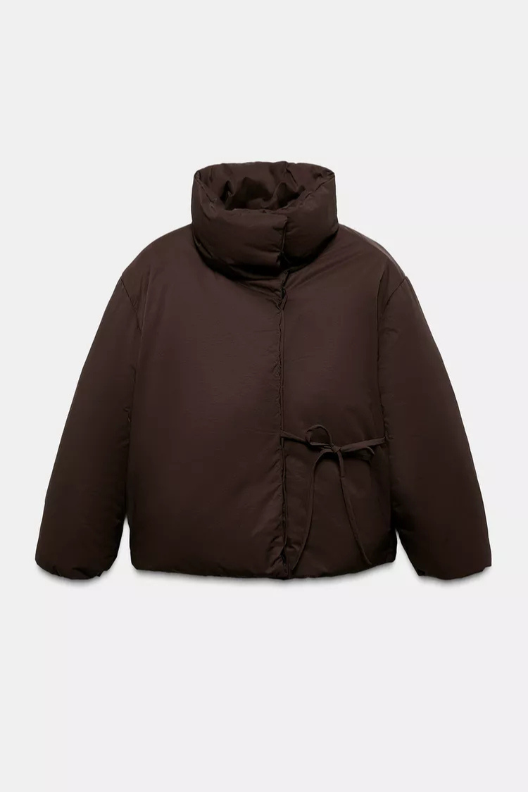 Brown wrap puffer jacket with tie waist, product flat lay