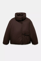 Brown wrap puffer jacket with tie waist, product flat lay