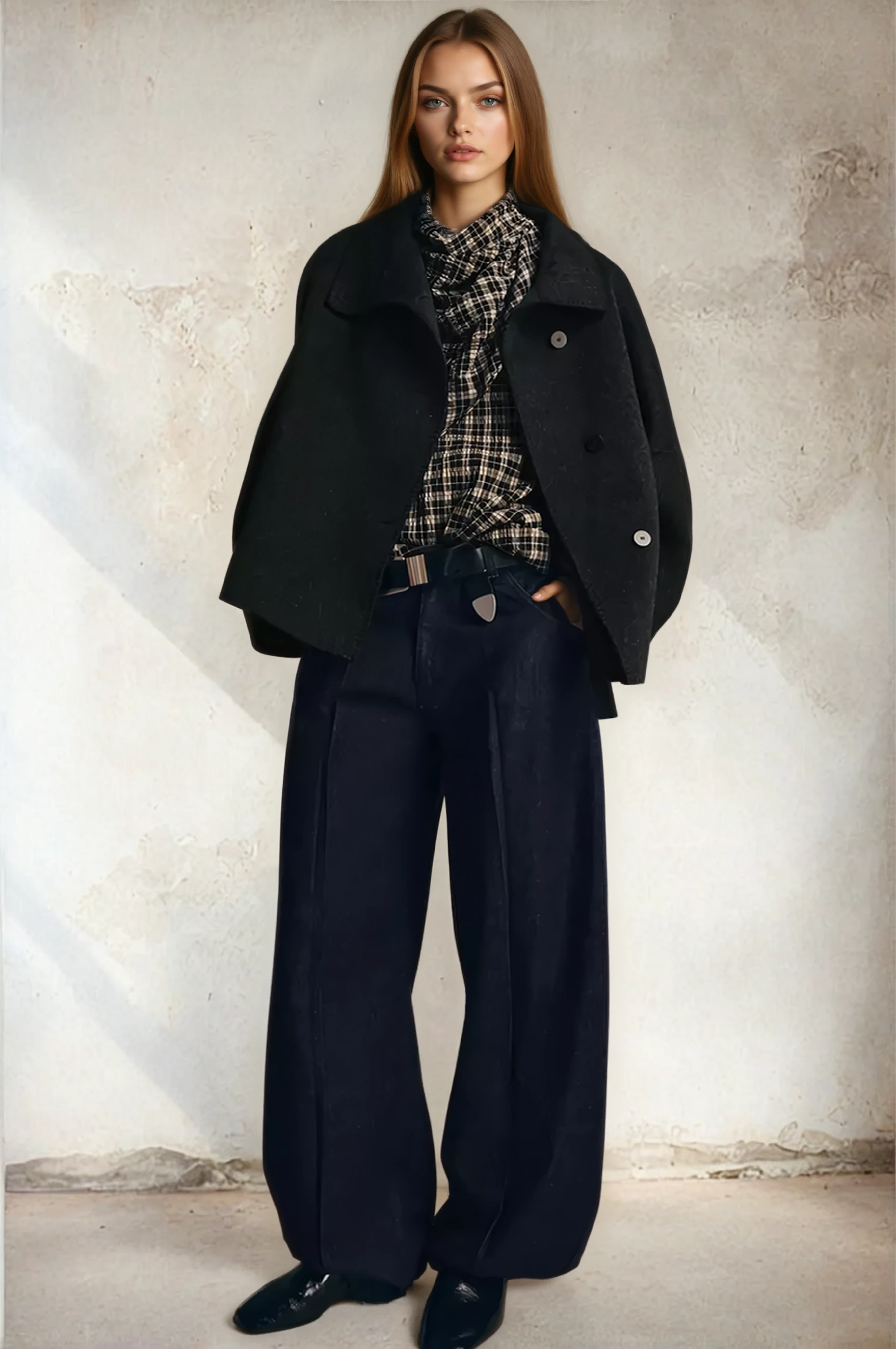 Dark grey cropped wool jacket on model, front angled view