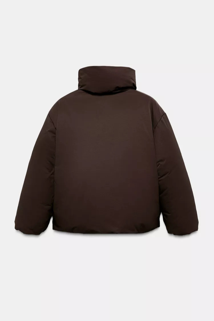 Brown wrap puffer jacket, back flat lay