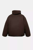 Brown wrap puffer jacket, back flat lay