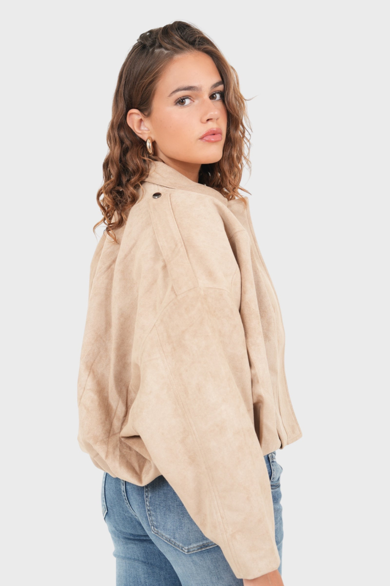 Beige suede bomber jacket, back view close-up on model