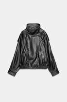 Black oversized leather biker jacket, product flat lay