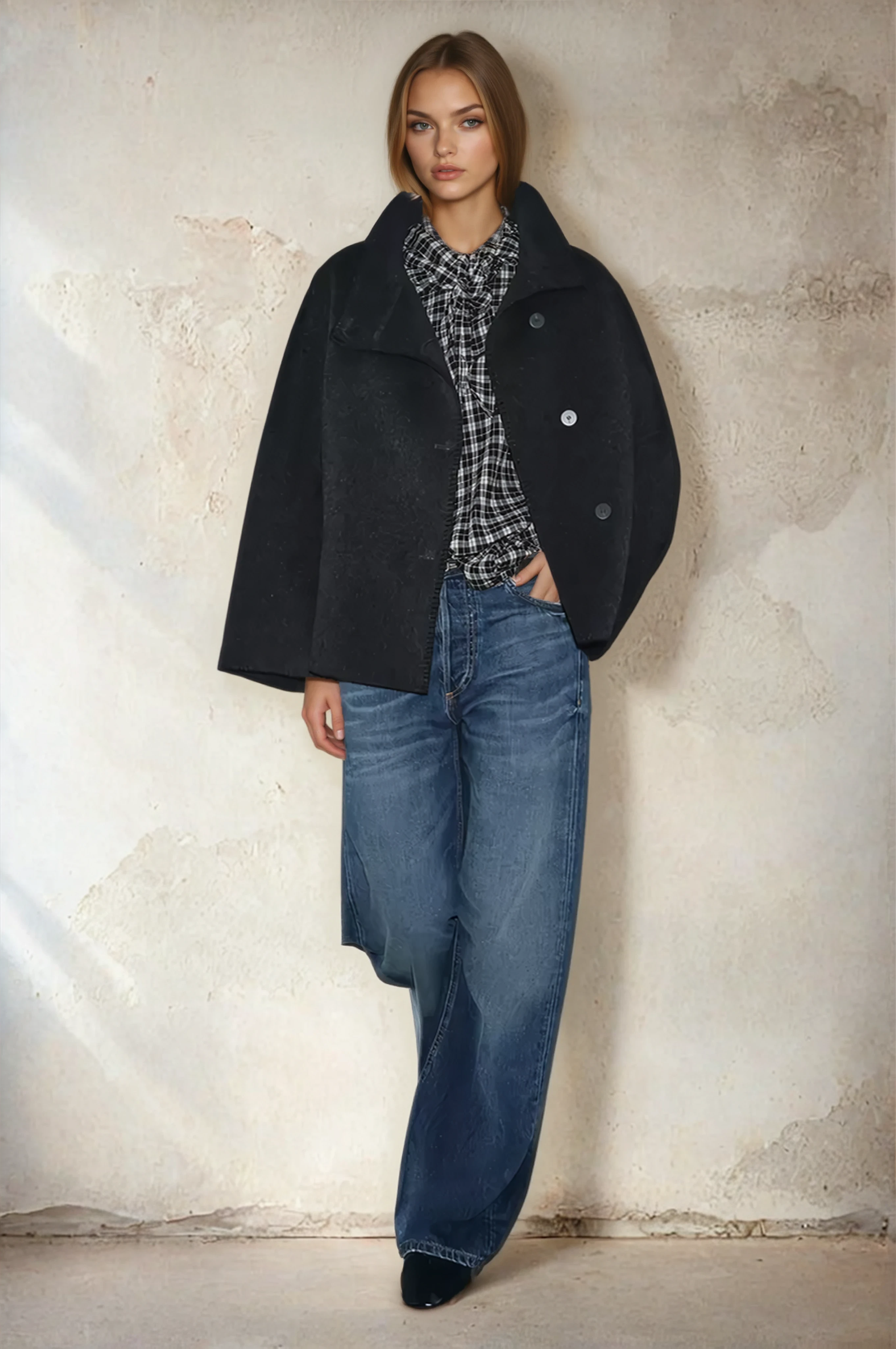 Dark grey cropped wool jacket on model, front view