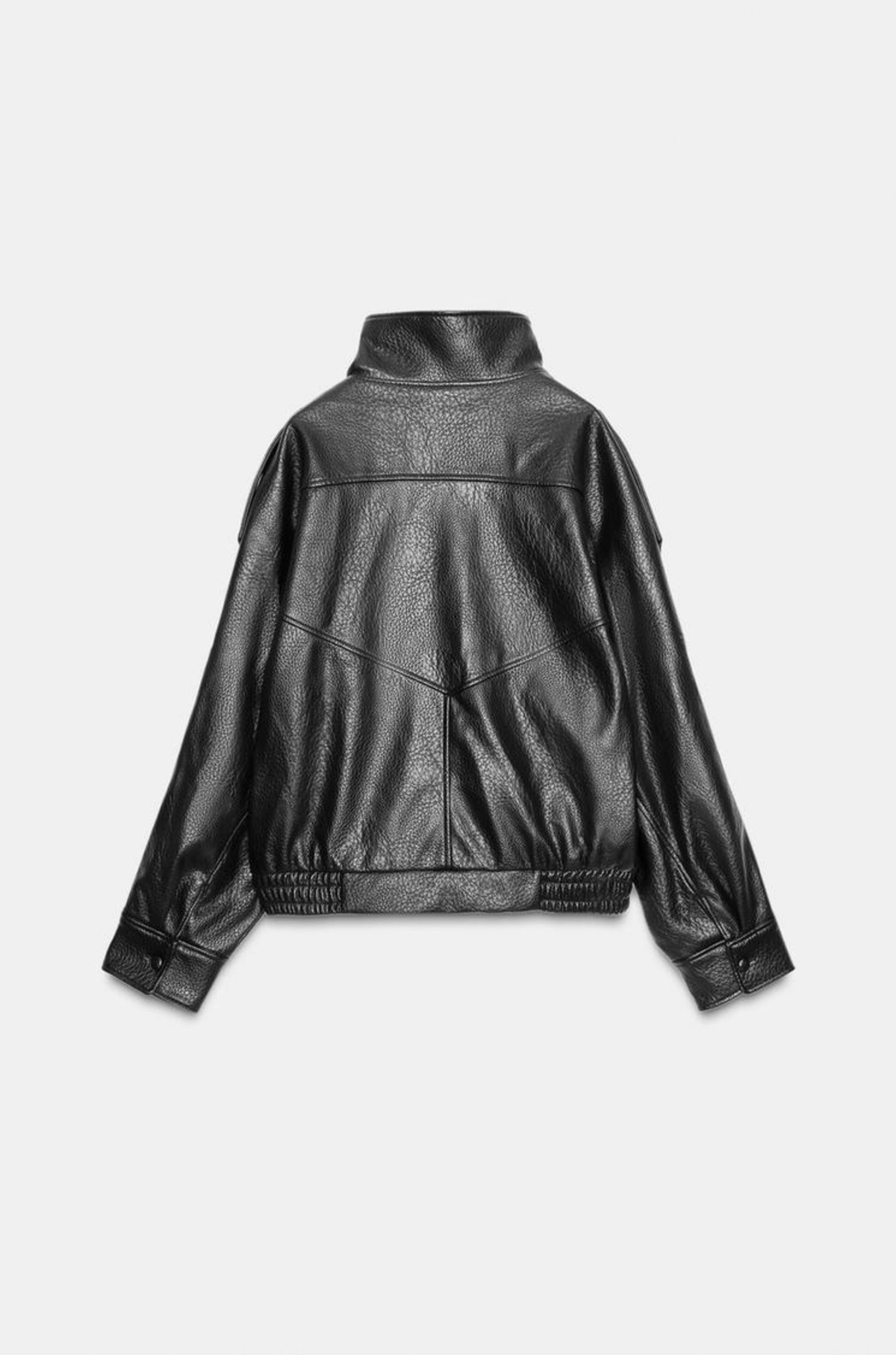 Black oversized leather biker jacket, back flat lay