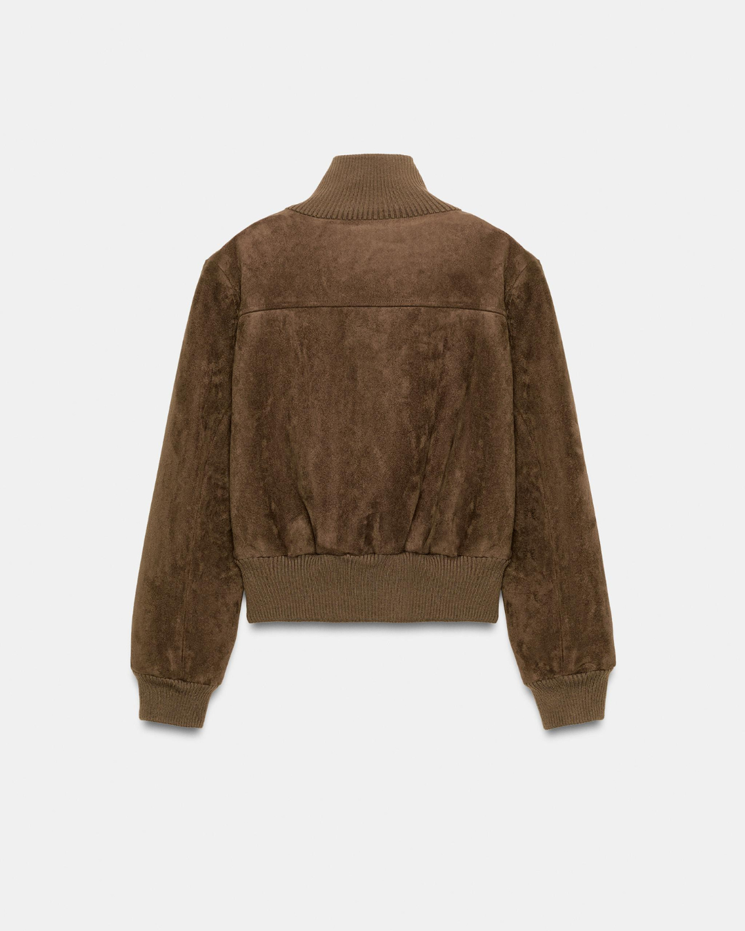 Brown suede bomber jacket, back view product shot