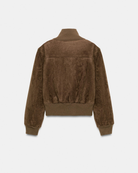 Brown suede bomber jacket, back view product shot
