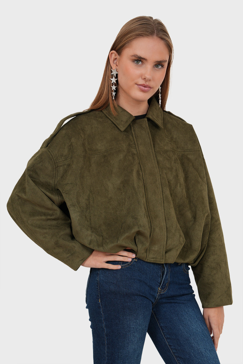 Olive green suede bomber jacket, front view on model