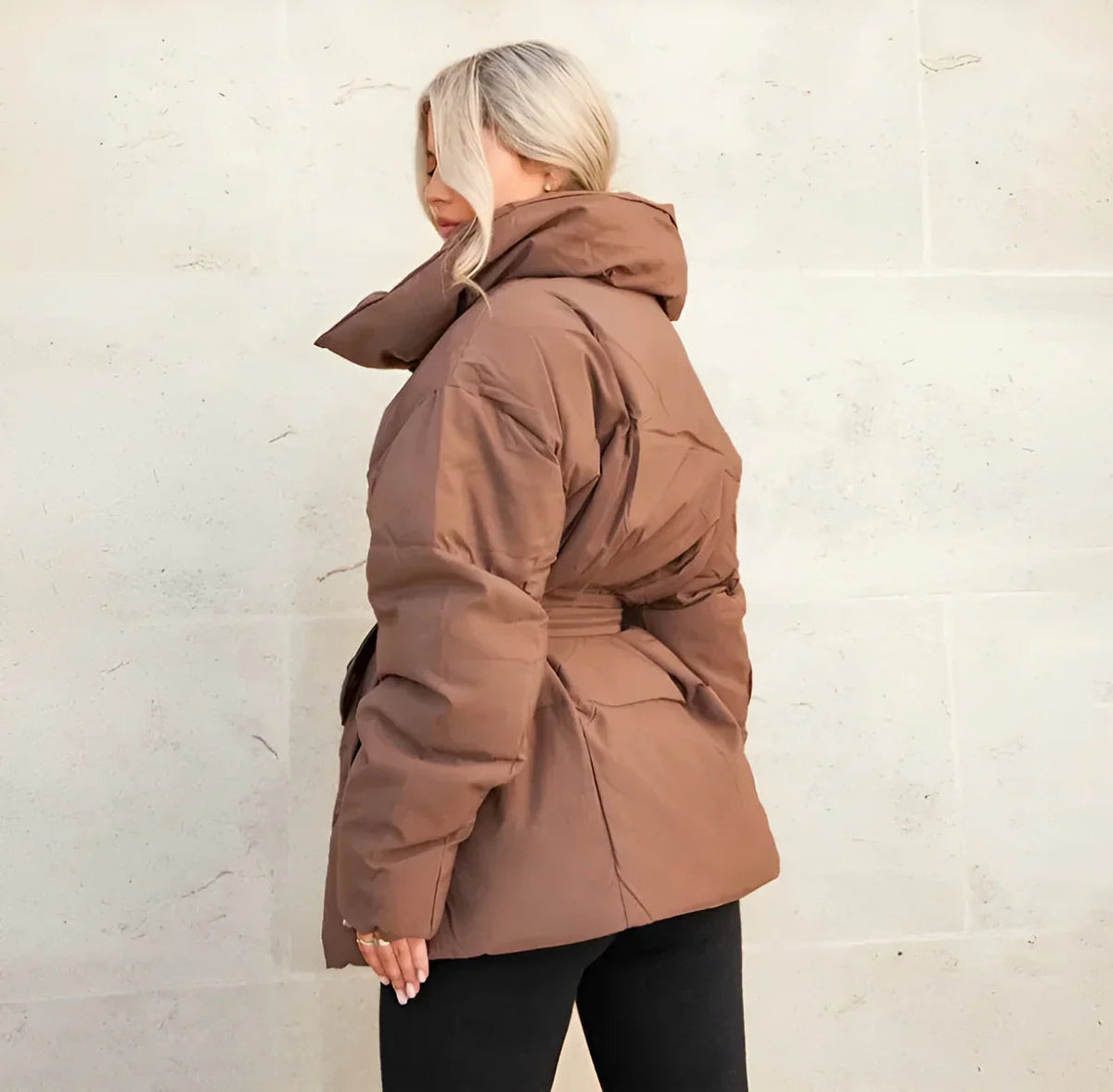 Brown belted puffer jacket, side and back view on model