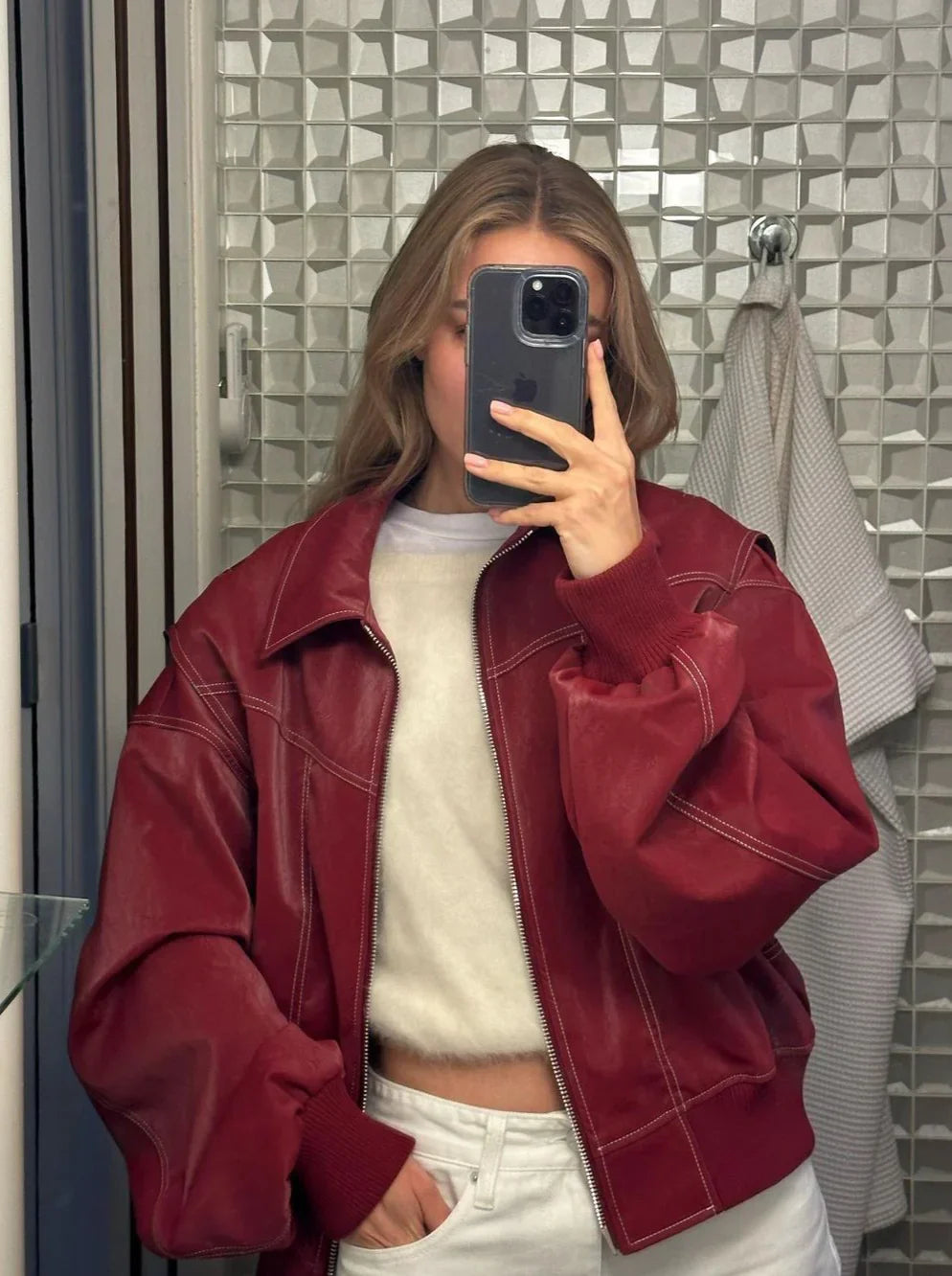 Red oversized contrast-stitch jacket, mirror selfie