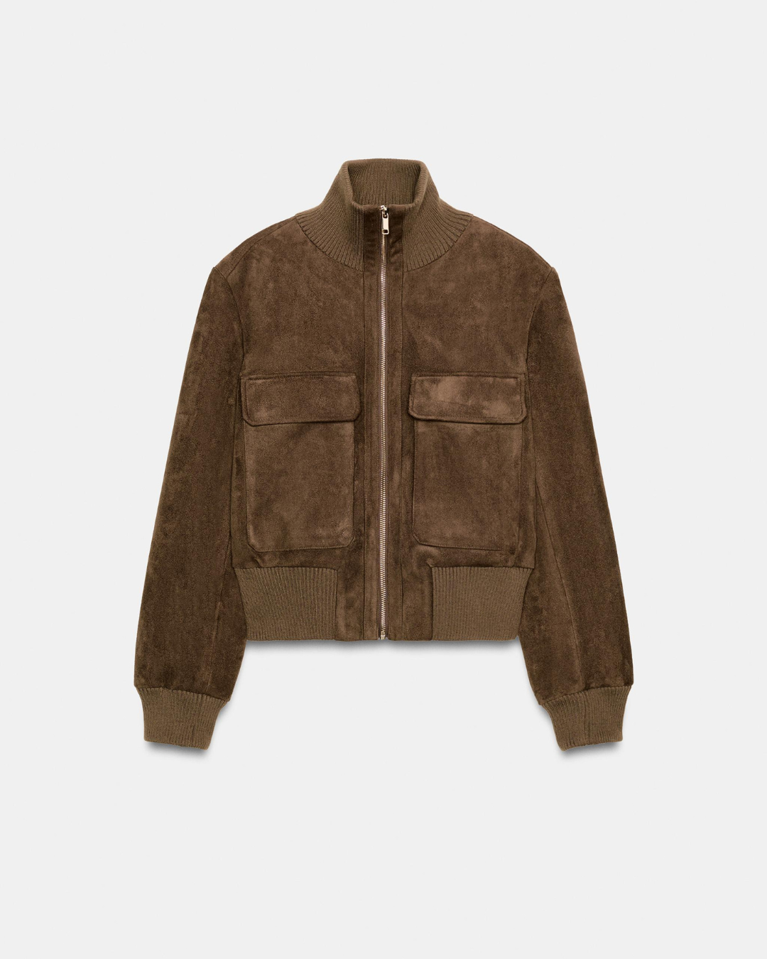 Brown suede bomber jacket, product shot on plain background