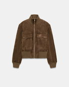 Brown suede bomber jacket, product shot on plain background