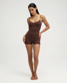 Chocolate brown lace-trim romper, full length front view on model