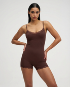Chocolate brown lace-trim romper, front view on model