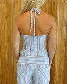 Blue stripe halter top and trousers set, back view with tie neck