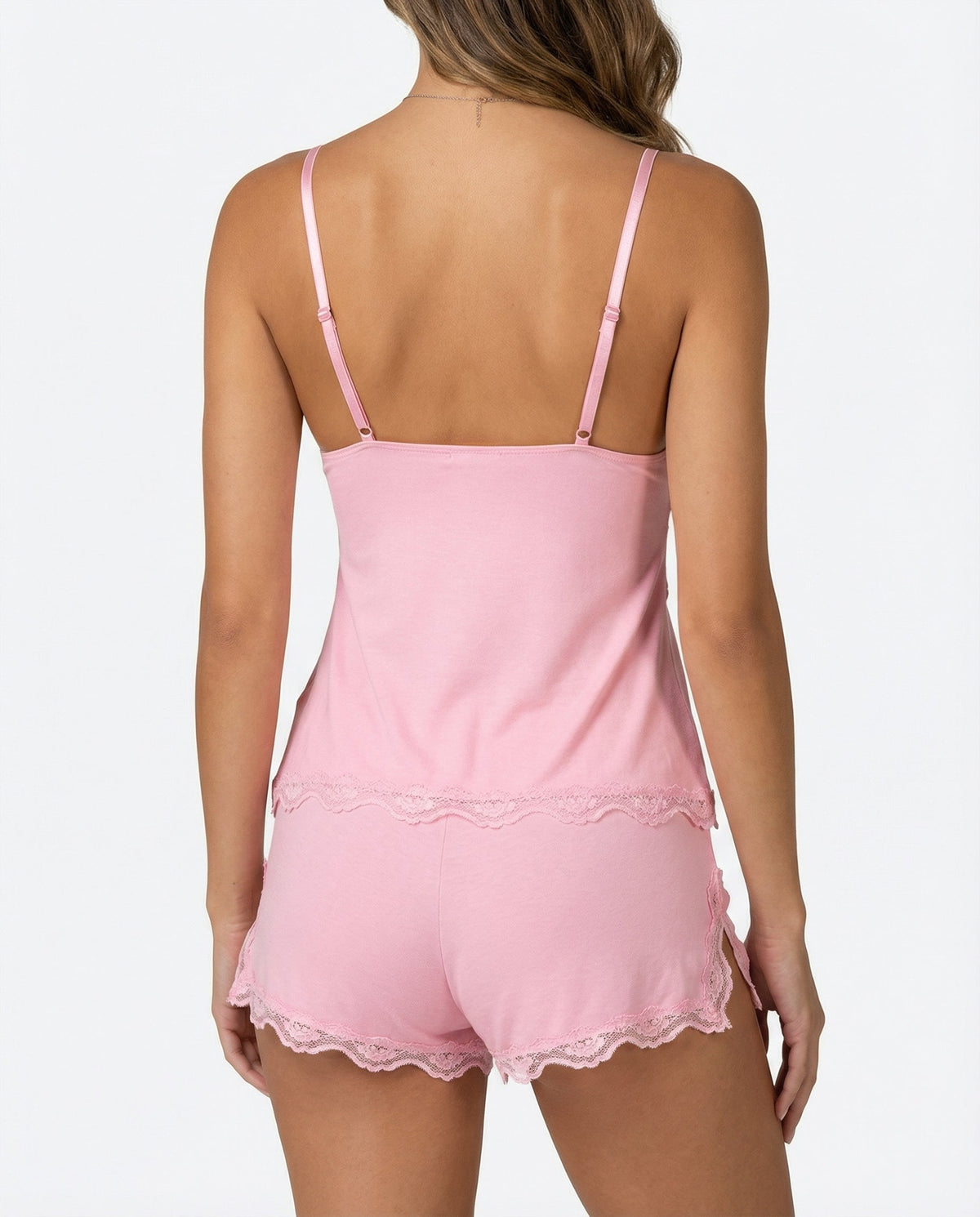 Back view of soft pink lace-trim cami and shorts pyjama set