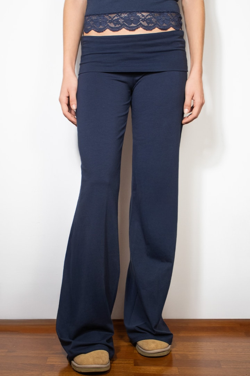 Navy joggers with fold-over waistband, front view on model