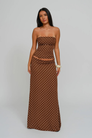 Cocoa dot corset top and wrap maxi skirt, front view on model