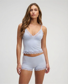 Light blue lace-trim pyjama set, front view on model