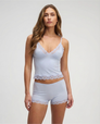 Light blue lace-trim pyjama set, front view on model