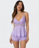 Light purple lace-trim cami and shorts pyjama set, front view on model