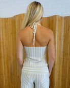 White stripe halter top and trousers set, back view with tie neck