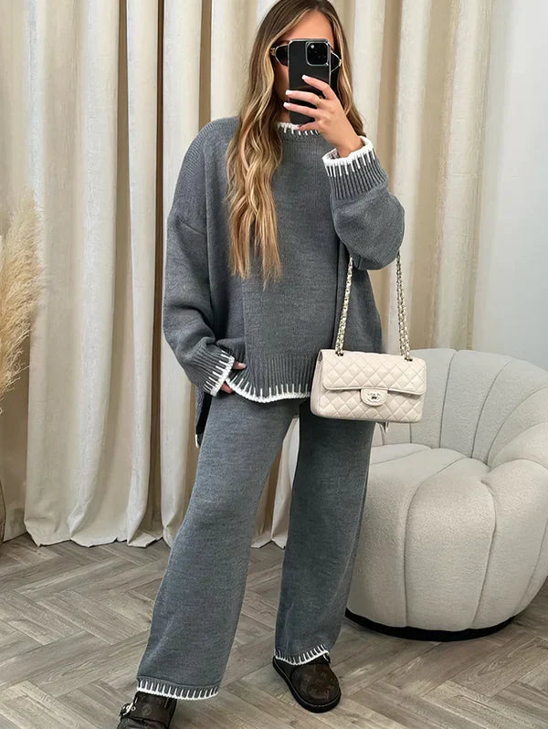 Grey knit jumper and trousers set with white trim, mirror selfie