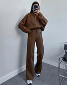 Brown zip-up hoodie and joggers set with trainers, mirror selfie