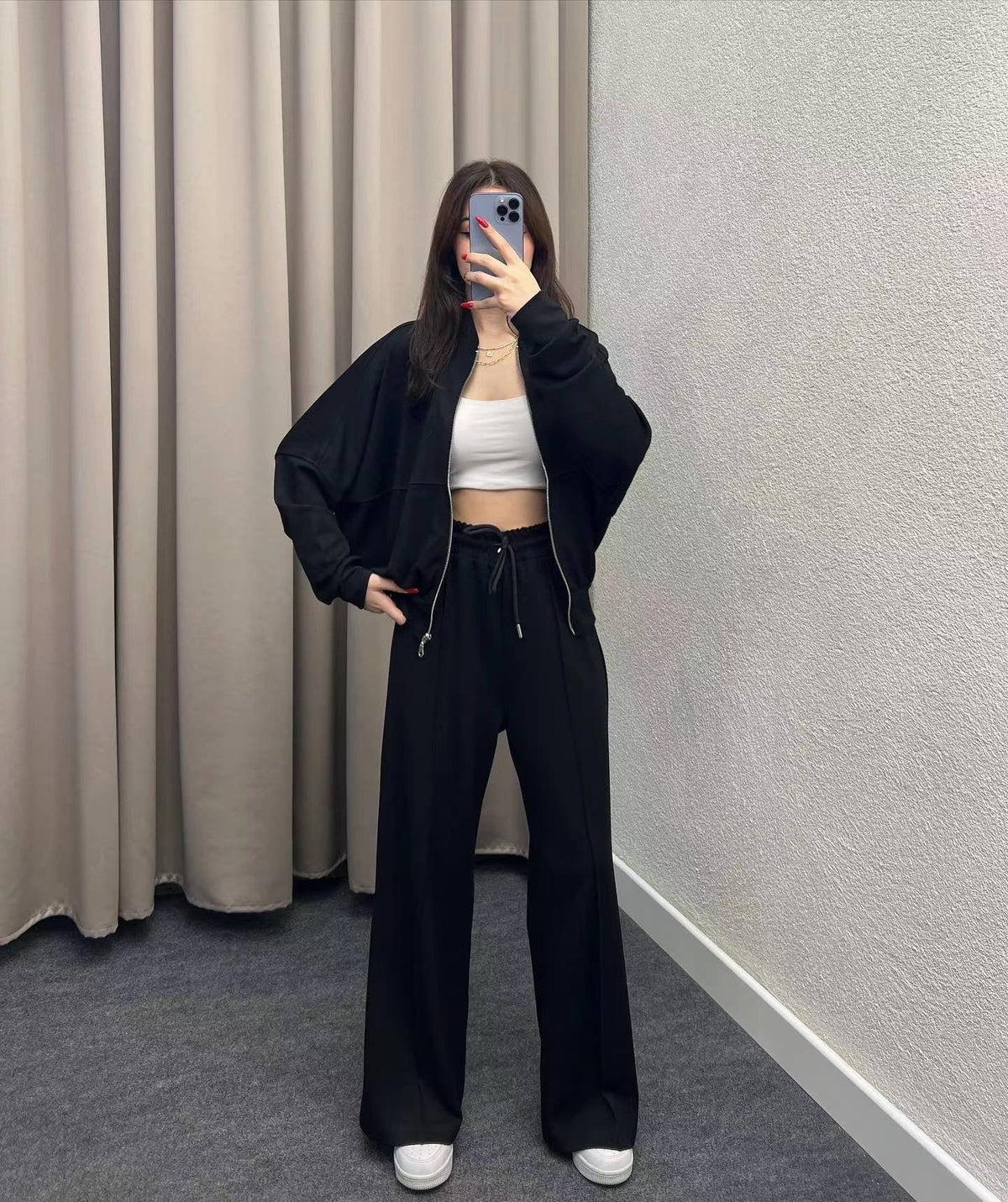 Black zip-up jacket and joggers set, full length mirror selfie