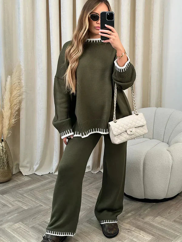 Khaki green knit jumper and trousers set with white trim, mirror selfie