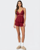 Burgundy lace-trim pyjama set, full body front view on model