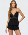 Black lace-trim cami and shorts pyjama set, front view on model