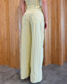 Yellow stripe wide-leg trousers, close-up back view