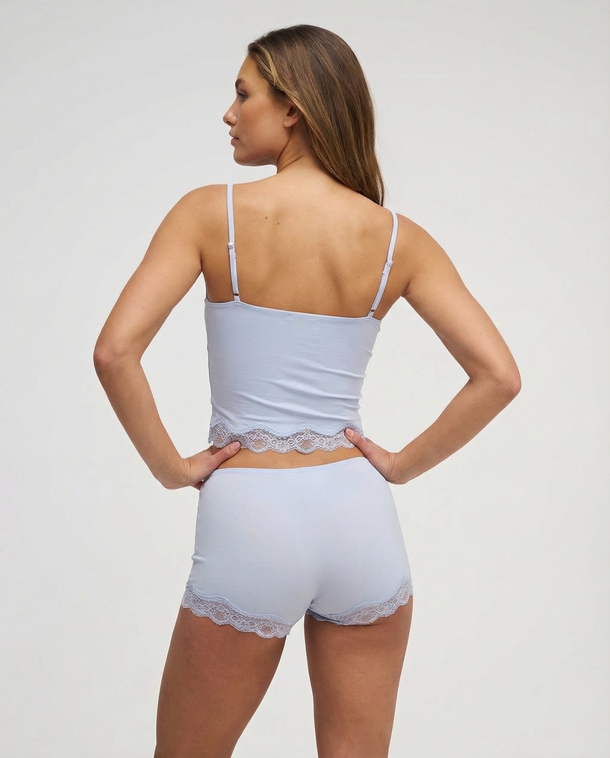Light blue lace-trim pyjama set, back view on model