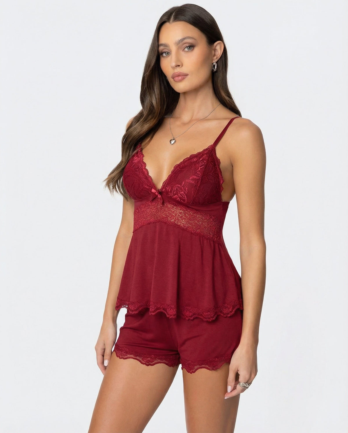 Burgundy lace-trim pyjama set, three-quarter front view on model