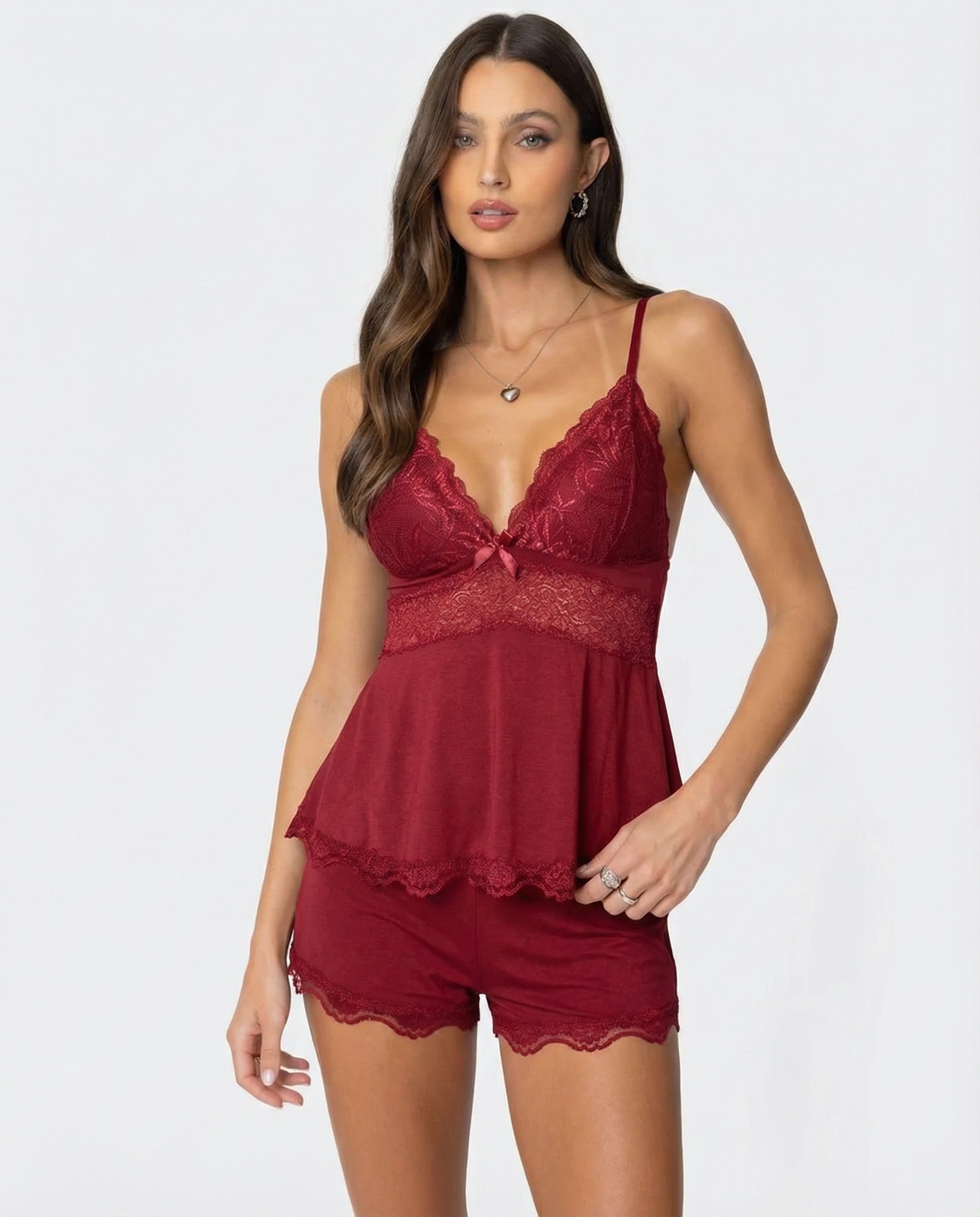 Burgundy lace-trim cami and shorts pyjama set, front view on model