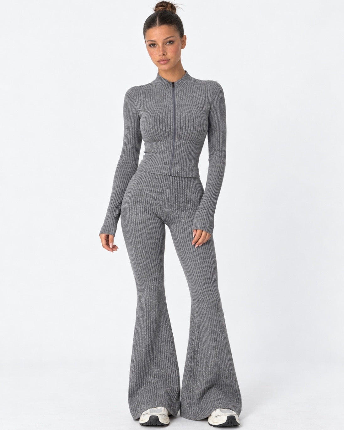 Zipped Lips Ribbed Cardigan Set – 1