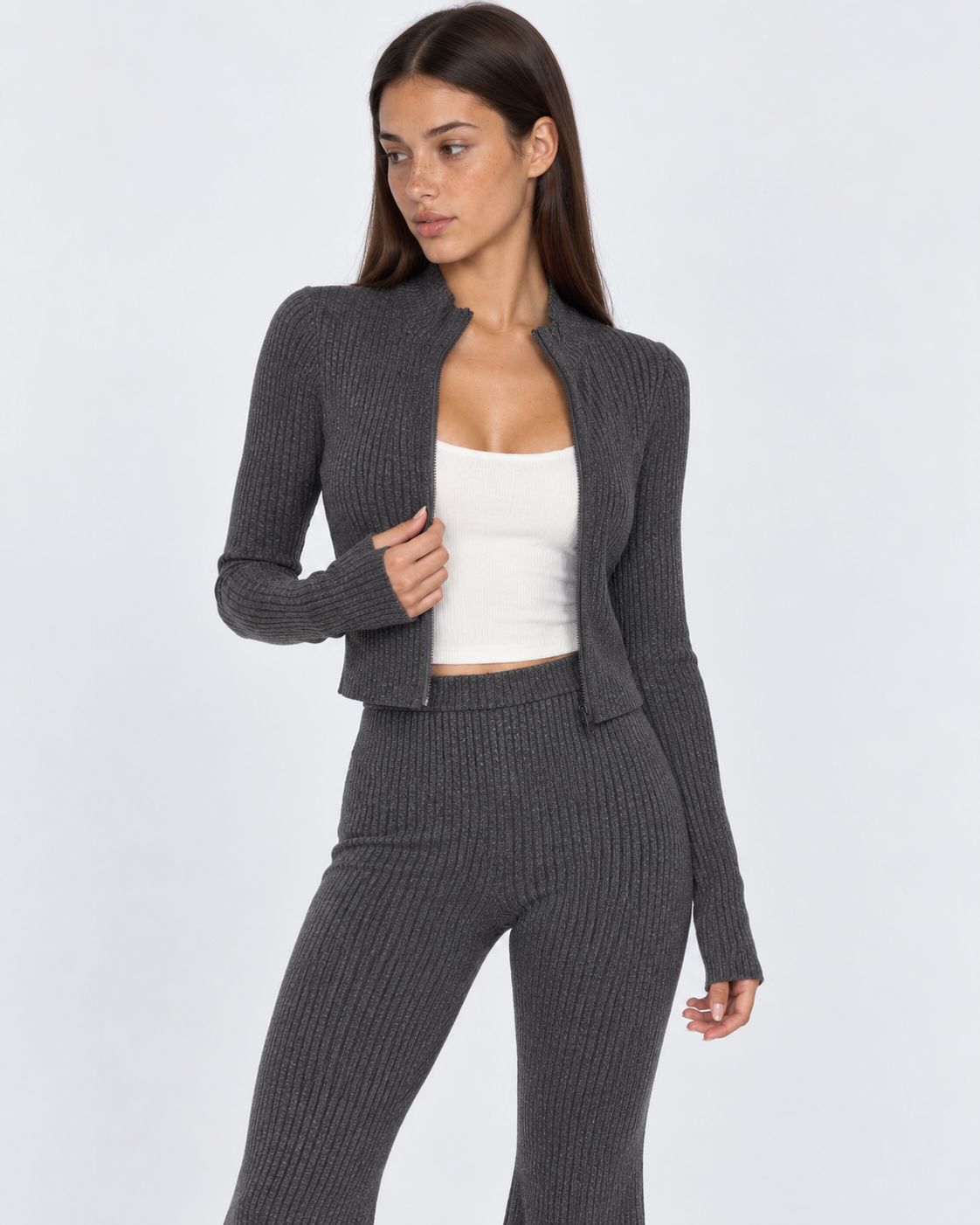 Zipped Lips Ribbed Cardigan Set – 12