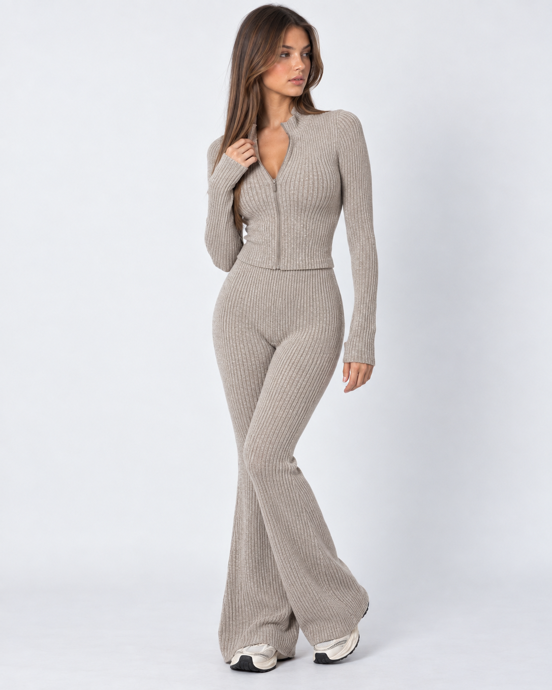 Zipped Lips Ribbed Cardigan Set – 7