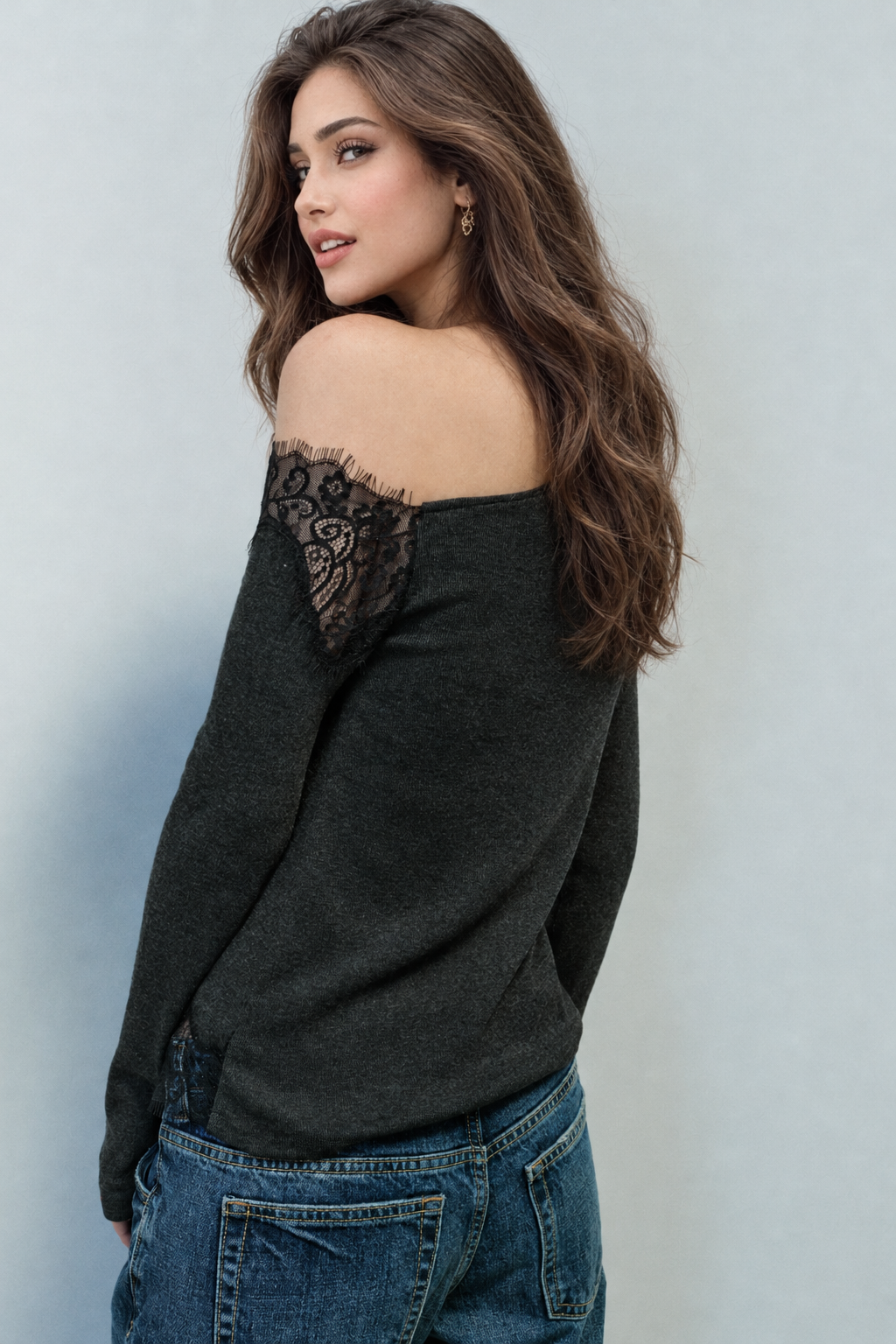 Dark grey asymmetric lace top, back view